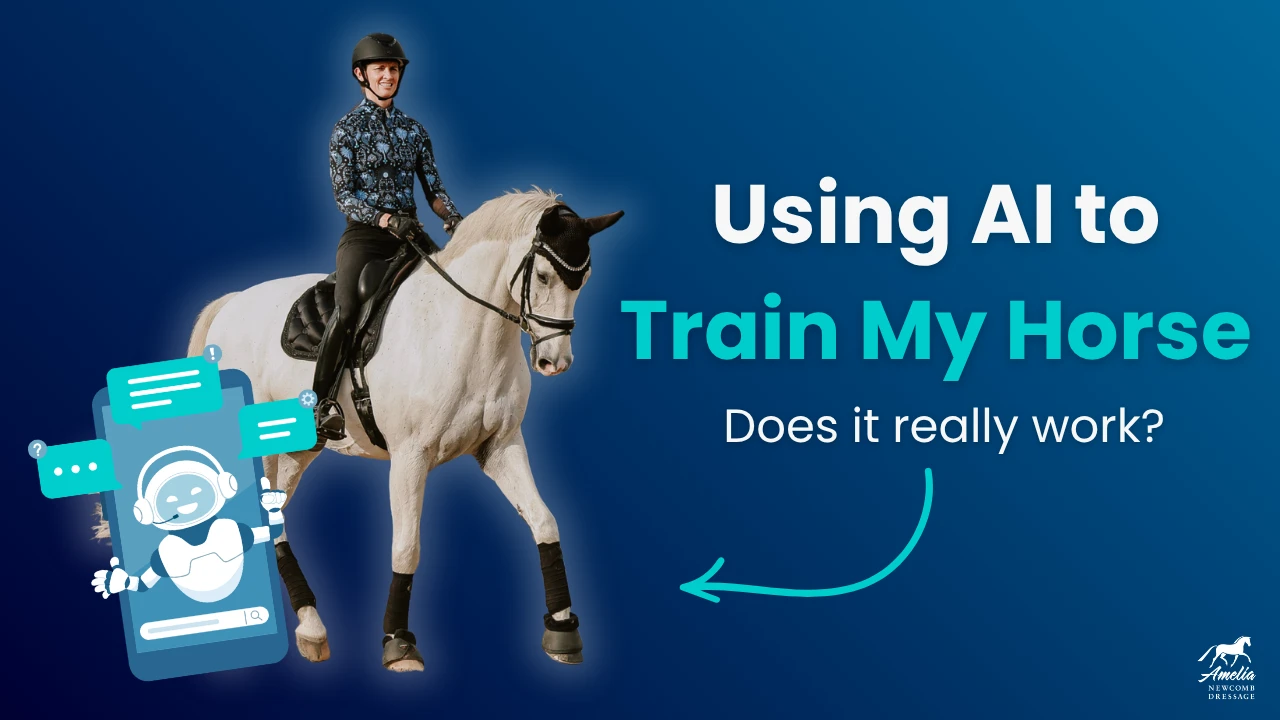 A rider sits astride a grey horse performing a collected trot against a blue background. The text reads: Using AI to Train My Horse. Does it really work? An illustrated robot with chat bubbles is included, emphasizing the integration of AI tools in equestrian training methods.