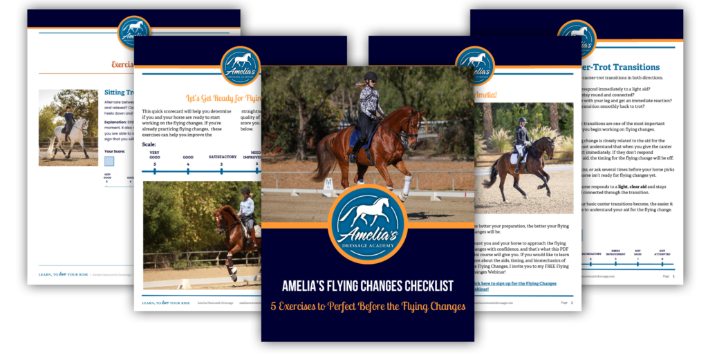 Five digital workbook pages display horseback riding exercises in a structured PDF Checklist format. The center page presents Amelia’s Flying Changes Checklist, featuring a rider performing clean flying changes on a bay horse; the Amelias Dressage Academy logo is present. Other pages include lateral movement tips such as shoulder-in, leg yield, and haunches-in, along with photos illustrating correct seat and rein aids for each exercise.
