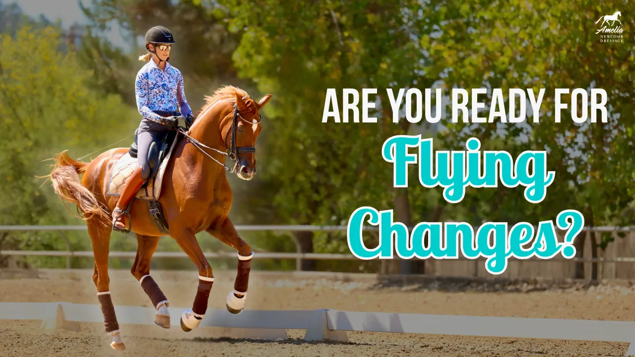 A rider on a chestnut horse executes clean flying changes in an outdoor arena, with the text ARE YOU READY FOR Flying Changes? overlaid. The scene includes a boundary of trees and a post-and-rail fence in the background.