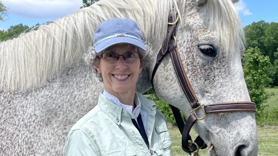 A smiling student in a light green shirt and blue cap stands outdoors, holding the lead rope of a grey horse on a sunny day; the setting features green trees and a clear blue sky in the background.