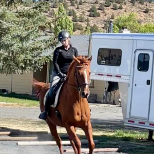 A person wearing a helmet and black clothing rides a brown horse at a trot on a gravel surface near a horse trailer, with trees, a house, and hills in the background under a blue sky.