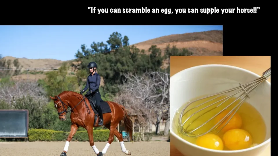 Amelia Newcomb riding a balanced trot and inset image of a bowl of eggs