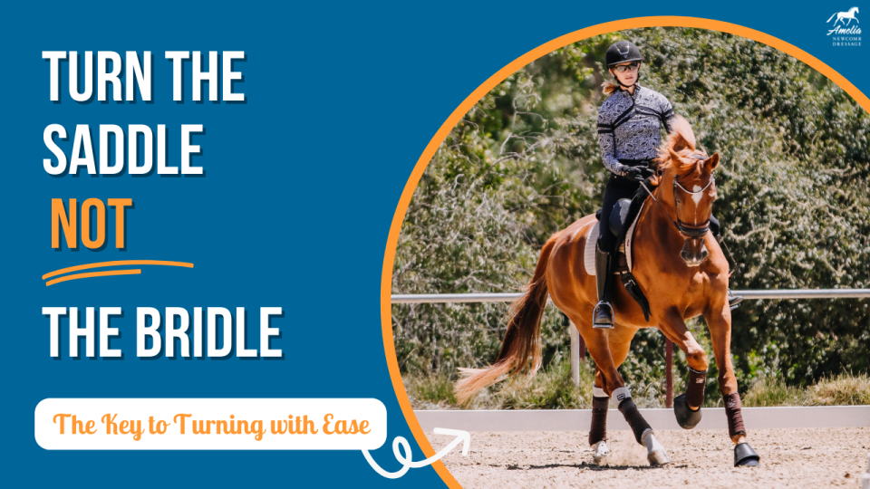 Amelia Newcomb executing a turn on a chestnut dressage horse. Turn the saddle, not the bridle. The key to turning with ease.