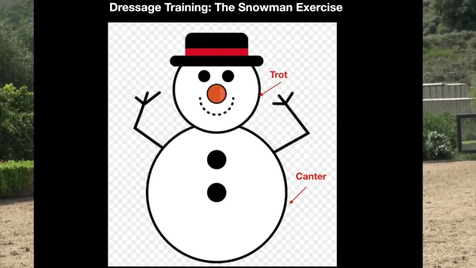 Image of a snowman with arrows depicting where to trot or canter when performing this exercise.