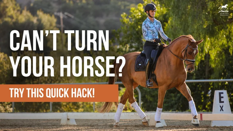 A rider in a blue shirt and helmet executes a turn on a bay horse within a dressage arena. Large overlay text reads, CANT TURN YOUR HORSE? TRY THIS SIMPLE TRICK FOR BETTER TURNS! The background features trees and a white fencing line.